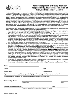 Sierra Club Outing Waiver and Release Agreement