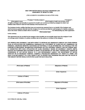 New York No-Fault Insurance Assignment of Benefits Form