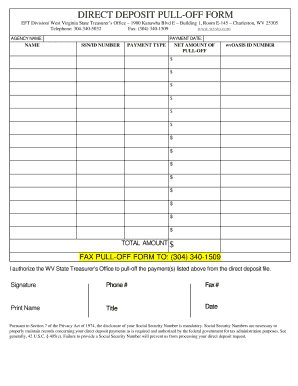 West Virginia Direct Deposit Pull-Off Form