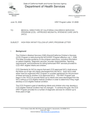 Call up letter sample - HRIF Program Letter 01-0606 HIGH RISK INFANT FOLLOW-UP HRIF PROGRAM LETTER - dhcs ca