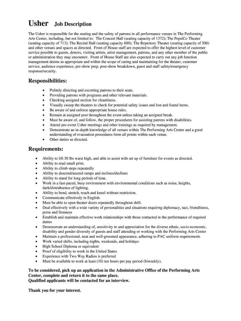 Fillable Online artscenter Usher Job Description Fax Email Print