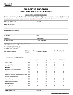 Fulbright Program Confidential Letter of Reference