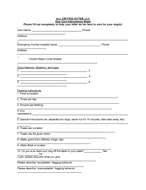 Dog Care Instructions Sheet