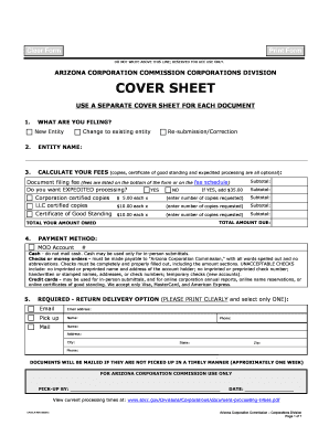 Arizona Corporation Commission Cover Sheet