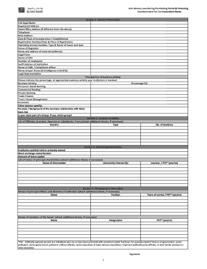 Anti-Money Laundering Questionnaire for Correspondent Banks