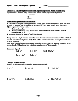 Algebra 1 Unit 5 Exponents Worksheet