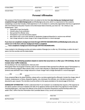 Kennesaw State University Personal Affirmation Form