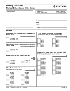 Inventory Control Form for Titanium MultiLoc Humeral Nailing System