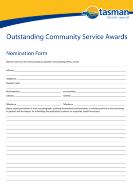 Blood donation form - Outstanding Community Service Awards Nomination Form Name of person to be nominated (please provide correct spelling of FULL name) Address Telephone Spouses name Nominated by Seconded by Address Address Telephone Telephone Please clearly