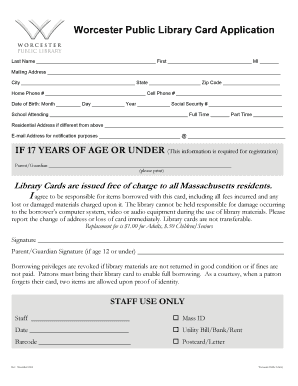 Worcester Public Library Card Application