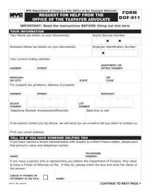 Request for Help From the Office of the Taxpayer Advocate - Form DOF-911