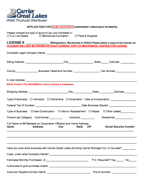 Carrier Great Lakes Cash Account Application