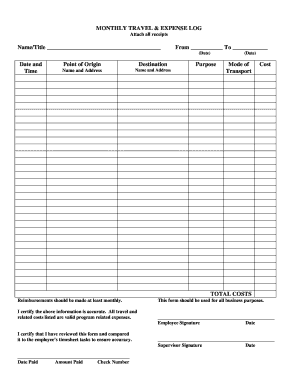 Monthly Travel and Expense Log