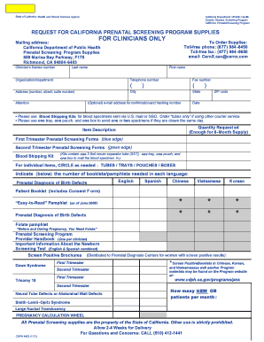 California Prenatal Screening Supplies Request