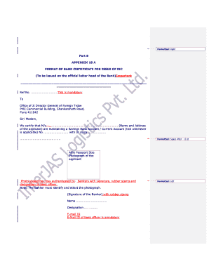 Bank Certificate for Issue of IEC