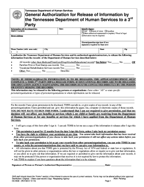Tennessee Department of Human Services Authorization for Release of Information