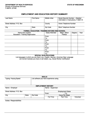 Wisconsin Employment and Education History Summary Form