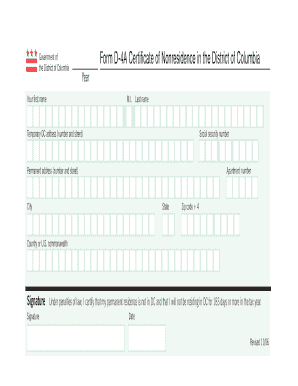 Form D-4A Certificate of Nonresidence in the District of Columbia