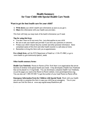 Health Summary for Child with Special Needs