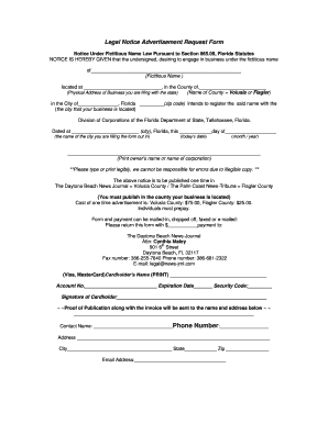 Florida Fictitious Name Legal Notice Advertisement Request Form