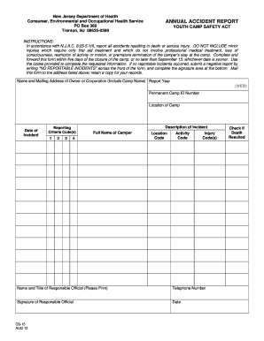 New Jersey Youth Camp Safety Act Annual Accident Report