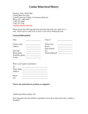 Canine Behavioral History Form