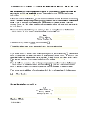 Address Confirmation for Permanent Absentee Elector