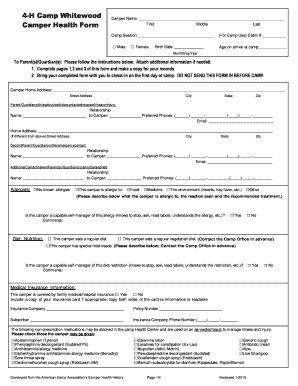 4-H Camp Whitewood Camper Health Form