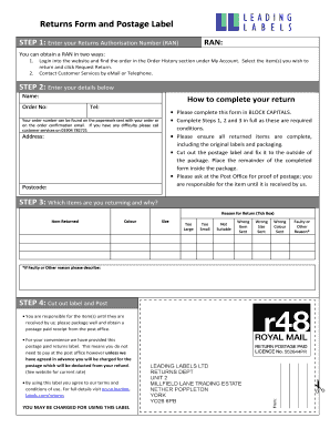 Returns and Postage Label Form