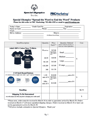 Special Olympics Order Form
