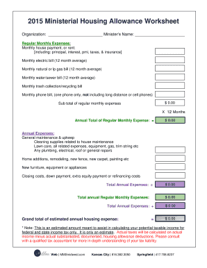2015 Ministerial Housing Allowance Worksheet
