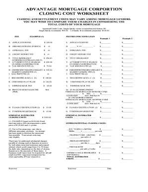 Mortgage Closing Cost Worksheet
