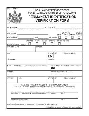 Pennsylvania Dog Permanent Identification Verification Form