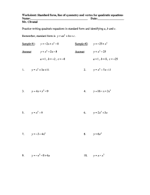 Quadratic Equations Worksheet