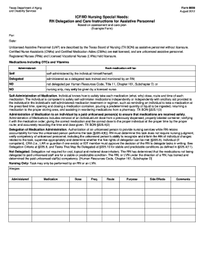 Texas RN Delegation and Care Instructions Form 8008