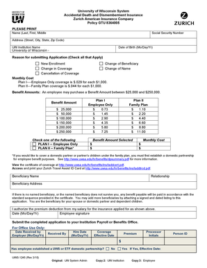 University of Wisconsin Accidental Death and Dismemberment Insurance Application