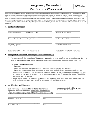 2013–2014 Dependent Verification Worksheet