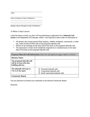 Sidewalk Cafe License Notification Letter