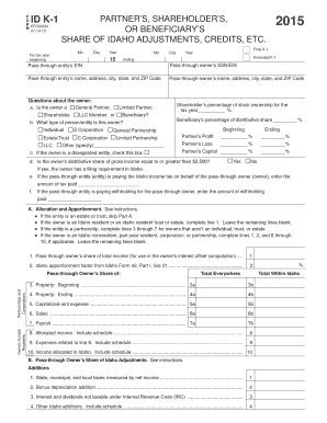 Idaho Form K-1 Partner's Share of Adjustments
