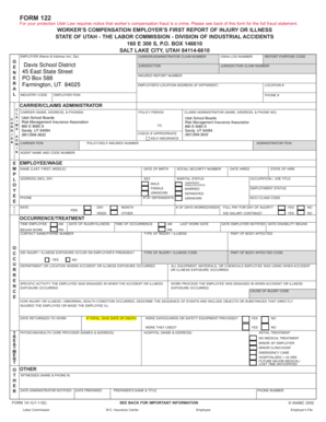 Utah Worker's Compensation Employer's First Report of Injury or Illness