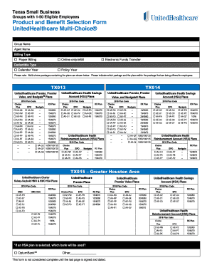 Texas Small Business Health Benefit Selection Form