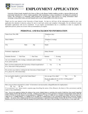 University of Saint Joseph Employment Application