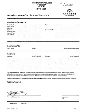 Texas Auto Insurance Certificate of Insurance