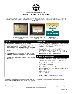 Perfect Record Award Application