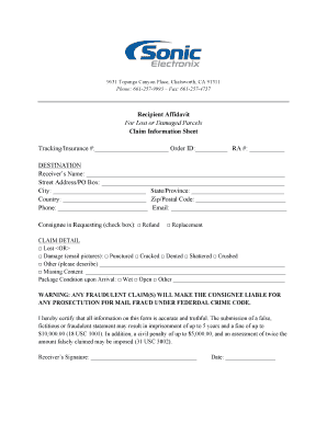 Recipient Affidavit for Lost or Damaged Parcels