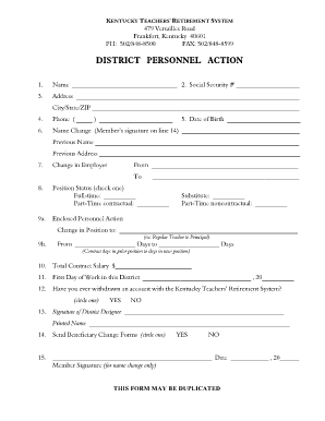 Kentucky Teachers' Retirement System Personnel Action Form