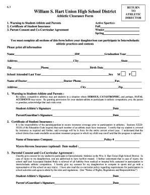 William S. Hart Union High School District Athletic Clearance Form