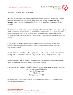 Health Appraisal Form for Athlete Participation