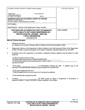 Petition for Alternative Writ of Mandate CCP 1094.5