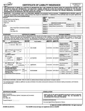 Certificate of Liability Insurance